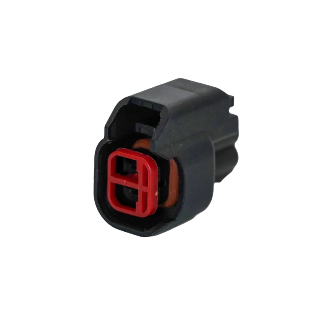 Bosch EV6/EV14 injector connector with red terminals and black housing.