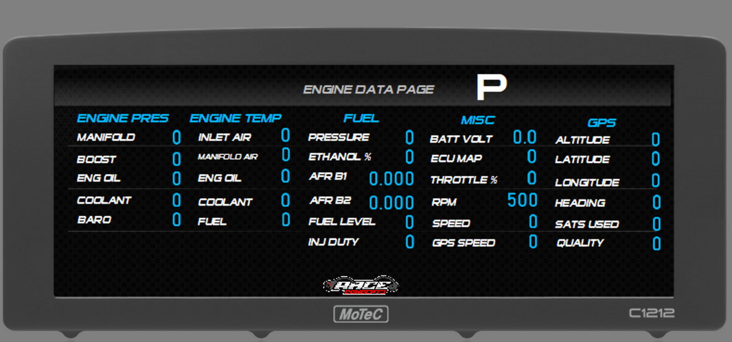 A MoteC C1212 automotive instrument cluster display showing an engine data page with blue text on a black screen, housed in a dark gray frame.