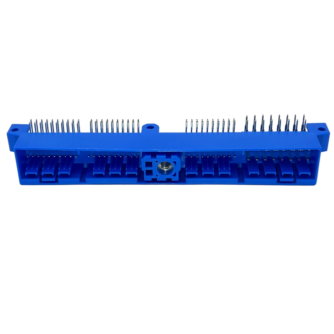 Blue plastic component with metal pins on a white background