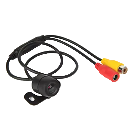 A black video camera cable with a small dome-style camera lens, a black mounting bracket, and red and yellow RCA video output connectors on a white background.