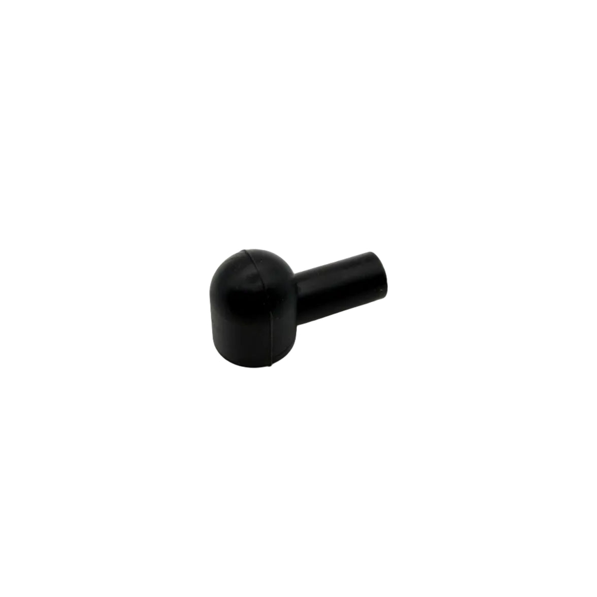 A small black plastic elbow connector with a rounded ball end and a straight cylindrical tube end, shown on a plain light gray background.