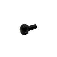 A small black plastic elbow connector with a rounded ball end and a straight cylindrical tube end, shown on a plain light gray background.