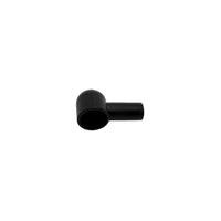A small black plastic elbow pipe fitting with a short cylindrical branch, photographed on a plain light gray background.