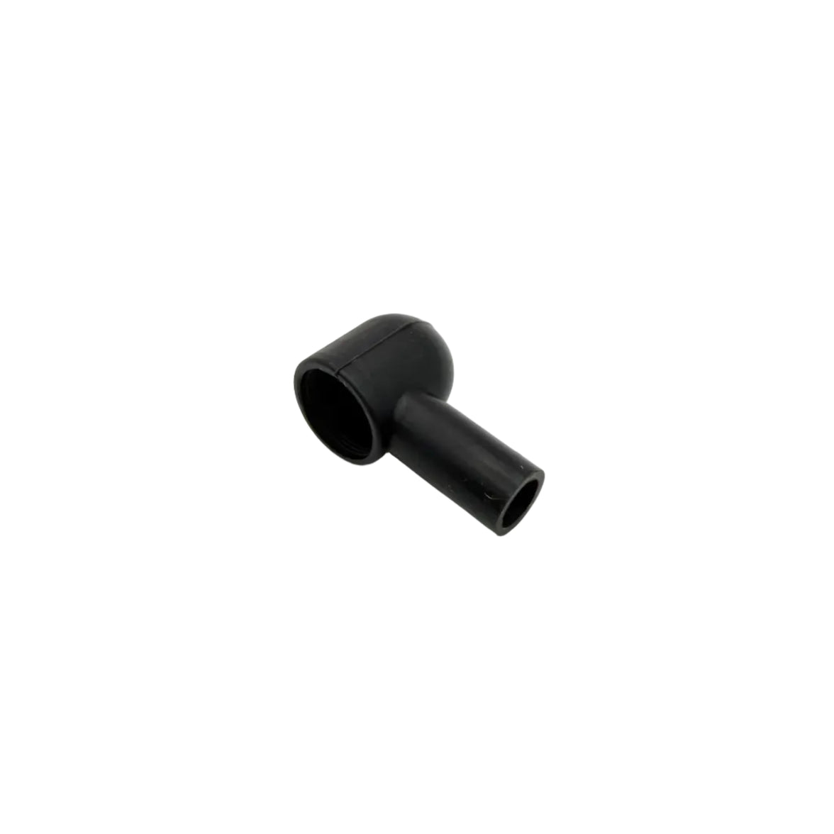 A small black plastic elbow pipe fitting or connector, photographed on a seamless light gray studio background.