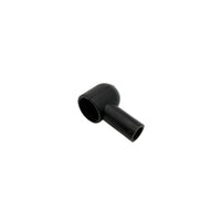 A small black plastic elbow pipe fitting or connector, photographed on a seamless light gray studio background.