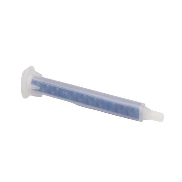 Clear plastic syringe with blue liquid on a white background