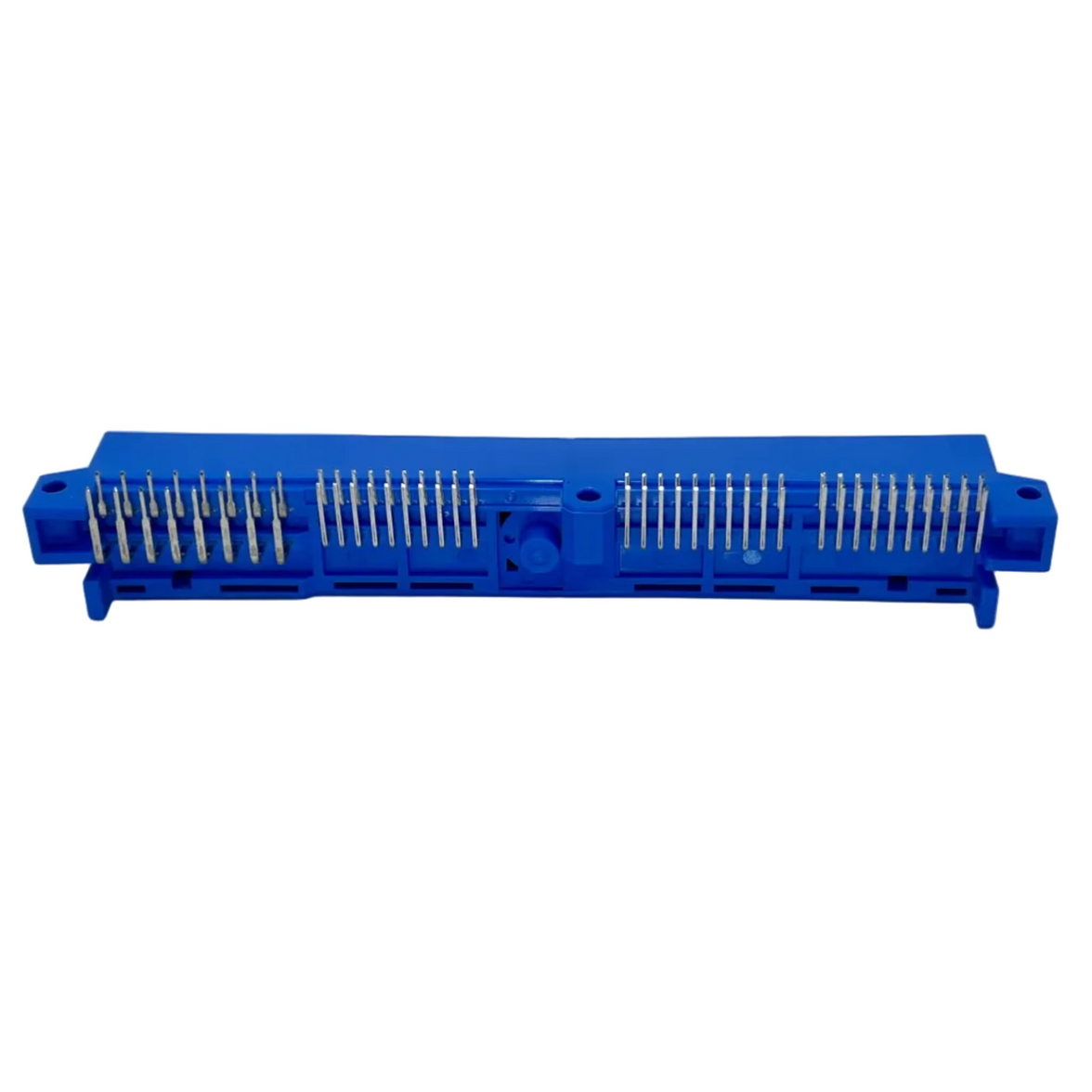 Blue plastic component with metallic pins on a white background