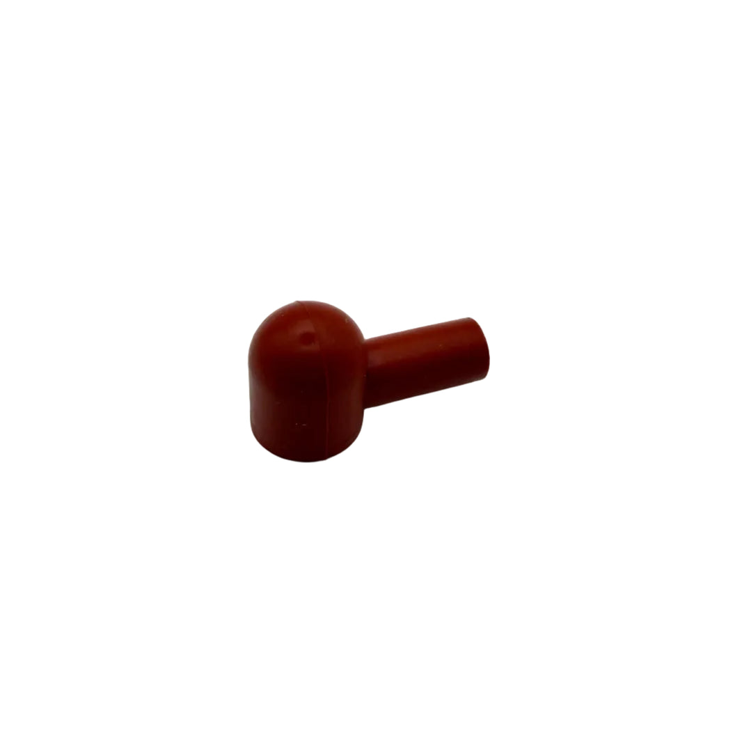 A small red plastic knob with a rounded dome head and a short cylindrical stem, shown on a plain light gray background.