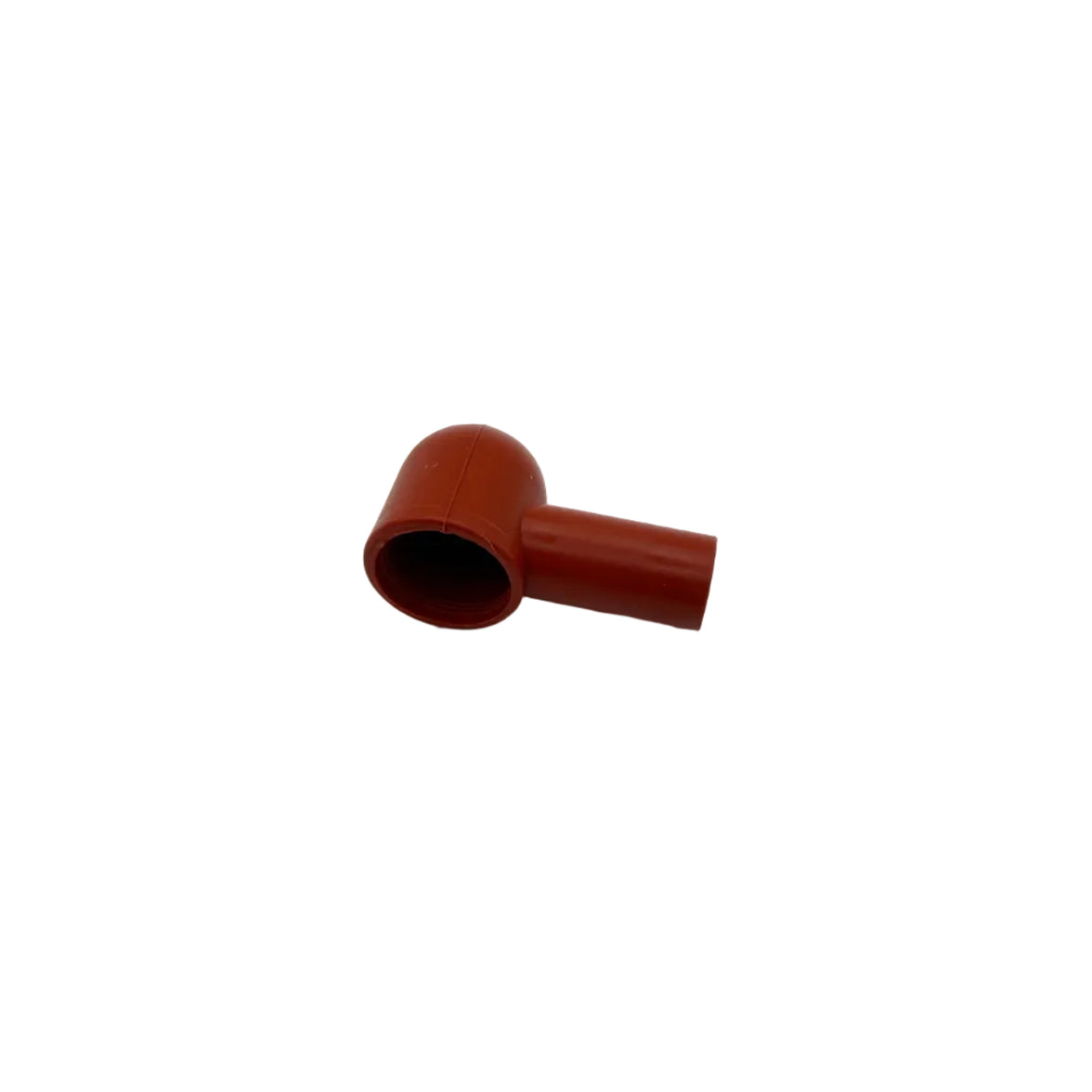 A small red plastic pipe fitting or connector with a 90-degree bend, shown on a plain light gray background.
