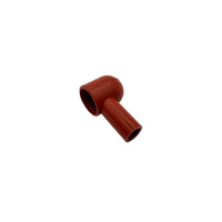 A small red plastic elbow pipe connector with a rounded bowl and straight tube, photographed on a clean white studio background.