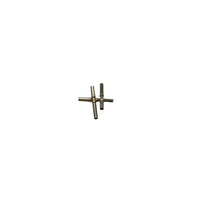 Three small metallic cylindrical pins or hardware pieces arranged in a loose cross shape on a plain light gray background.